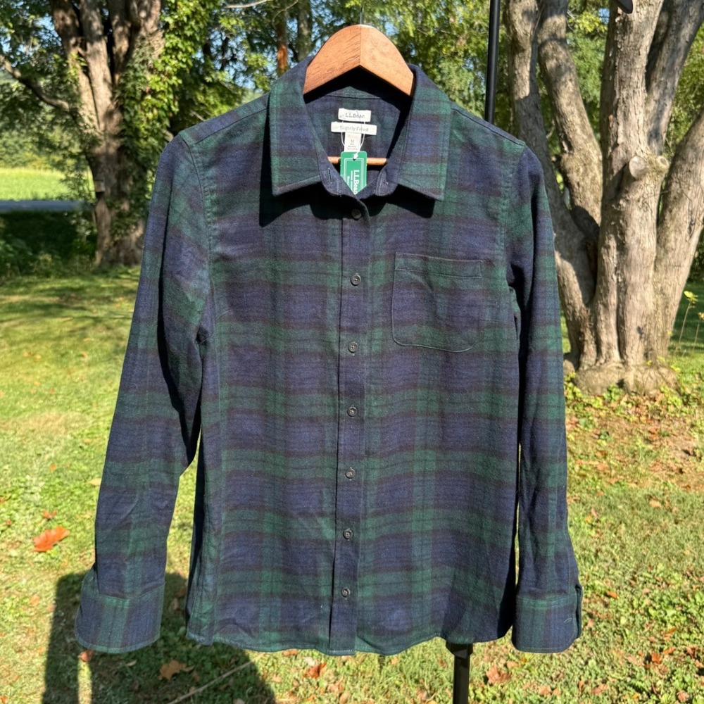 LL Bean Scotch Plaid Flannel Shirt Womens M Black Watch Green Navy Blue 298090